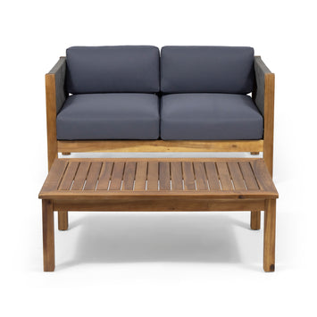 Patio Loveseat and Coffee Table Set, Patio Furniture Set with Cushion, Acacia Wood Frame Conversation Set for Garden, Backyard, Porch and Poolside, Minimalistic Style