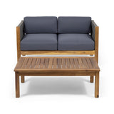 Patio Loveseat and Coffee Table Set, Patio Furniture Set with Cushion, Acacia Wood Frame Conversation Set for Garden, Backyard, Porch and Poolside, Minimalistic Style