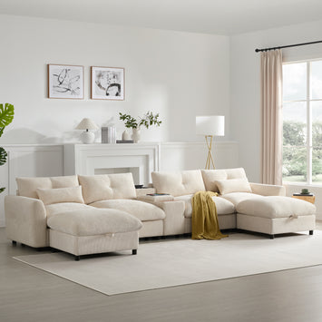 [VIDEO]136'' Modular Sectional Sofa with Console, Cup Holder, USB Charger, Movable Storage Ottoman, Pull-line&Tufted Design, U-Shaped Oversized Chenille Sofa for Living Room&Apartment,2 Colors