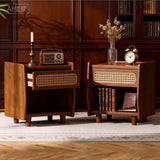 Walnut Nightstand with Rattan Detail, MDF + Solid Wood, Modern Bedroom Storage, Open Shelf & Drawer, Indoor Furniture