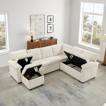 97 Inch L-Shaped Corner Sectional Sofa Couch Storage Ottoman,Chenille Fabric Couch with 7 Seats & 2 Pillows for Living Room, Modern, Small Space, Easy Assembly,Beige