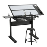 hand crank adjustable drafting table drawing desk with 2 metal drawers (BLACK)WITH STOOL