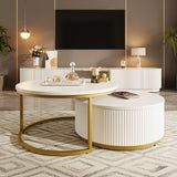 Modern Round Nesting Coffee Table Fluted with Drawer in Black & Gold in 31.5''