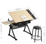 adjustable drawing drafting table desk with 2 drawers for home office and school with stool(maple)