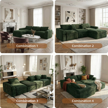108-inch high-resilience boneless sponge sofa with 30 density, double-layer cloud-like cushions, multiple combination options, no installation required / Green