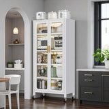 65" Kitchen Pantry Storage Cabinet, 6 Tier Metal Display Storage Cabinet with Transparent Door, Adjustable Shelves & Wheels, Food Pantries Cabinets, for Kitchen, Living Room and Dining Room, Gray