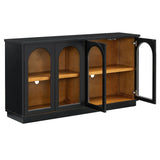TREXM 4-Door Large Storage Buffet Cabinet with Glass Doors, Arched Cabinet with Adjustable Shelves for Kitchen, Dining Room and Living Room (Black)