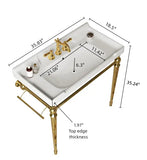 VICI 36" Bathroom Console Sink, Wall-Mounted White Ceramic Vanity Basin with 3 Pre-drilled Faucet Holes, Freestanding Stainless Steel Support Legs with Towel Bar, No Faucet & Sink Cover, Gold Color