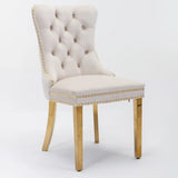 A&A Furniture,Nikki Collection Modern, High-end Tufted Solid Wood Contemporary Velvet Upholstered Dining Chair with Golden Stainless Steel Plating Legs,Nailhead Trim,Set of 2,Beige and Gold, SW1601BG