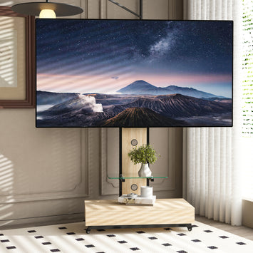 TV stand with push-pull drawer for Living Room, Bedroom,Offices,Mobile TV Cart for 32-75 inches,Wood &glass TV Stand,Floor Stand with Mount on Lockable Wheels,Natural
