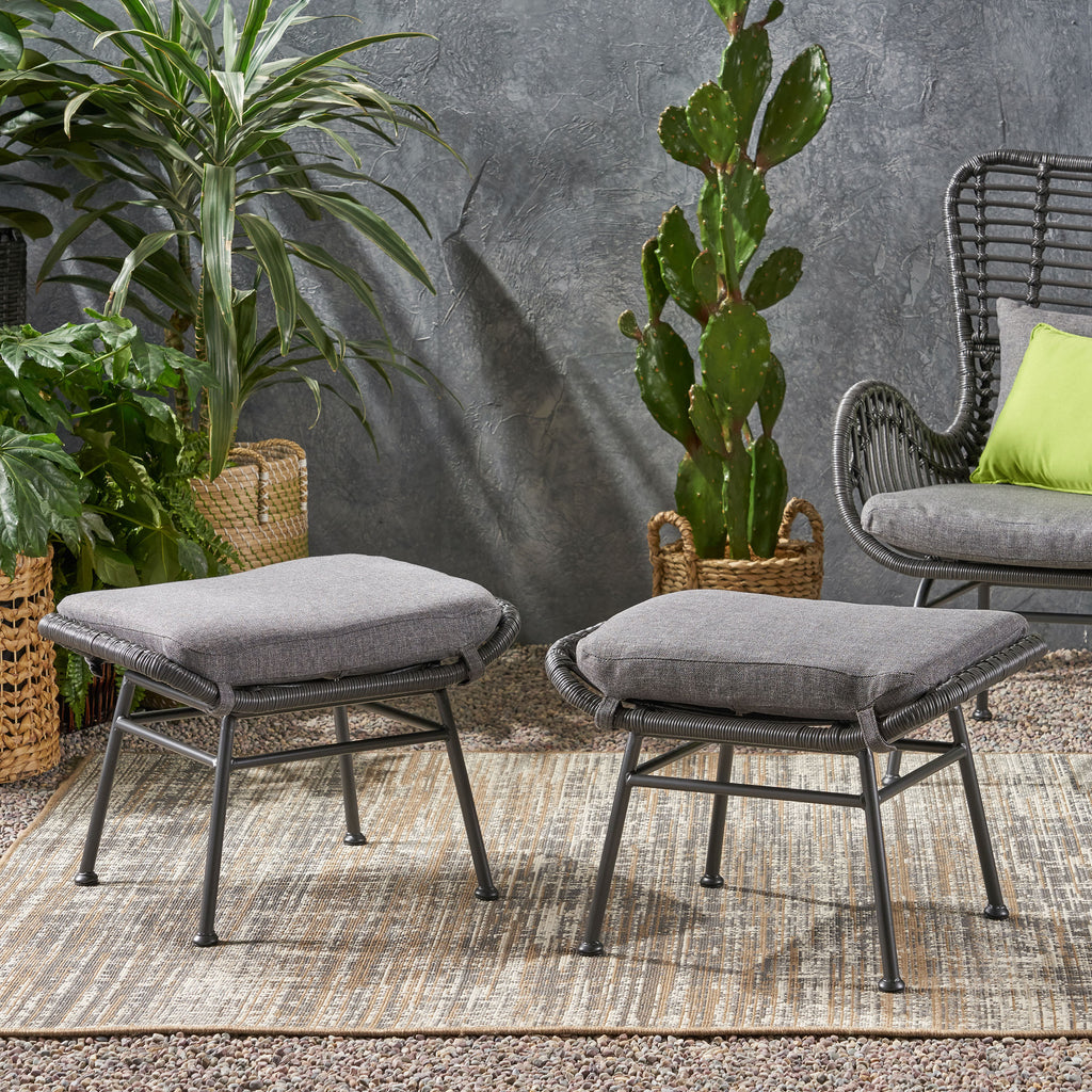 Montana Faux Rattan Outdoor Patio Ottoman with Cushion (Set of 2)