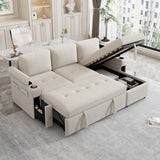 83.5" L-shaped Sofa Couch Convertible Sofa Bed Sectional Sofa with Ample Storage Space, Two Cup Holders and Two USB Ports for Living Room, Beige