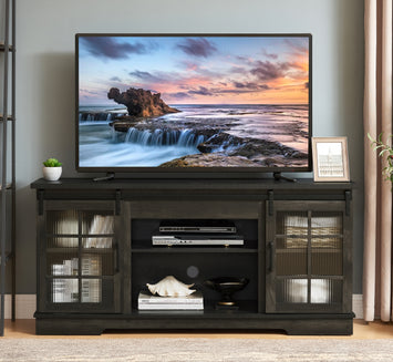 Multipurpose Sliding Door TV Stand Large Storage Cabinet with 2 Sliding Fluted Glass Tempered Doors, TV Up to 65'', TV Desk Storage Rack, Charcoal GREY, 59.13