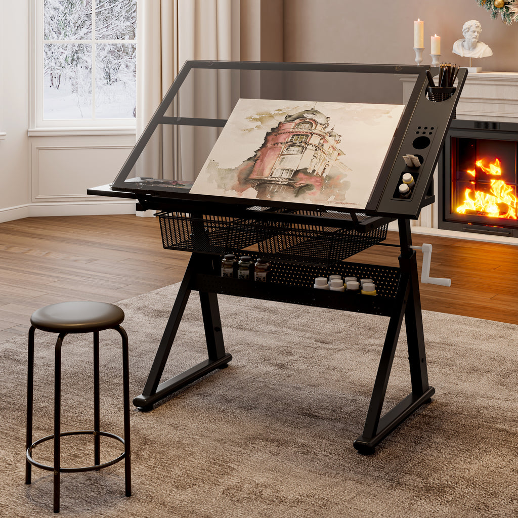 Hand crank adjustable tempered glass drafting drawing and printing table with chair and storage space for living room, study, bedroom