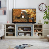 Large TV Desk Storage Rack with Faux Stacked Stone Surround,Media Console Table with Large Storage Cabinet,Modern TV Media Entertaionment Stand,WHITE, 70.12"W*15.35"D*25.83"H