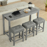 59 Inch Bar Table, Dining Table, Sofa Table with Power Outlet, 3 Upholstered Stools, 4 Piece Bar Table and Chair Set for Living Room, Dining Room, Kitchen