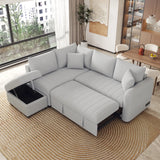 82.6" L-shaped Sectional Pull Out Sofa Bed Sleeper Sofa with Two USB Ports, Two Power Sockets and a Movable Storage Ottoman, Beige