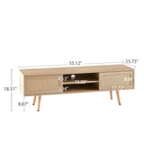 55.12" Rattan TV cabinet, double sliding doors for storage,  adjustable shelf, solid wood legs, TV console for living room ,natural