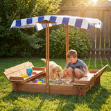 Kids Sandbox with Adjustable Cover, 46'' Wooden Sand Box with 2 Foldable Bench Seats, Outdoor Sandpit for Backyard Play