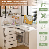 Computer Desk with Glass Cabinets & Built-In LED Lights, Corner L-Shaped Office Desk with USB Charging Ports, Keyboard Tray, Ergonomic Design for Home and Corporate Workspaces(White)