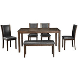 6-Piece Dining Table Set with Bench and Chairs, Wooden dining table set for 6 people, Farmhouse Rustic Style 6 Person Dining Table Set for Dining Room, Kitchen, Dark Walnut