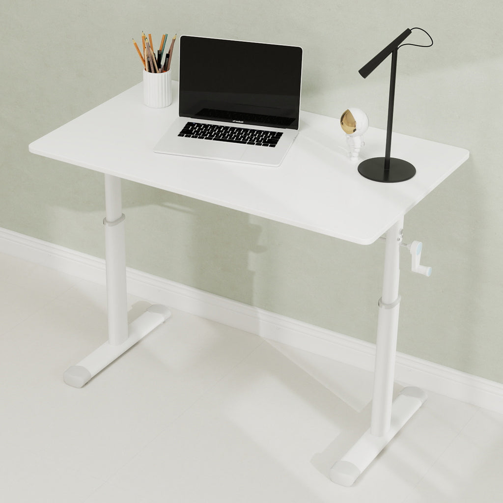 Adjustable study desk suitable for children and adults, height-adjustable, multifunctional home office desk, compact design, desktop dimensions: 60cm × 100cm, white frame, white tabletop.