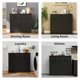 Farmhouse Black Double Tilt Out Trash Cabinet for 20 Gallon Trash Cans, Free Standing Recycling Cabinet with Hideaway Drawer, Barn Door Style Laundry Sorter Cabinet, Tilt Out Trash Cabinet for Kitchen