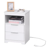 Nightstand with Charging Station,End Table with 2 Drawers,Wooden End Table with Drawer and Opening Shelf,Side Table for Bedroom, White