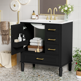 Traditional 30" Black Bathroom Vanity Set, Floor Standing, with Three Drawers, Soft Close Doors, with Long Gold Metal Handles - Perfect for Small Bathrooms