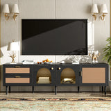 Rattan TV Stand for TVs up to 75'', Modern Farmhouse Media Console, Entertainment Center with Solid Wood Legs, TV Cabinet for Living Room,Home Theatre