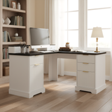 59" Modern Fluted L-Shaped Desk with Charging Station & Storage Cabinet - Home Office Computer Desk with Monitor Stand, File Drawer and Removable Support Shelf for Study, Home Office, White