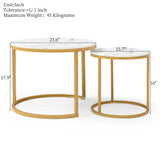 Set 2 Coffee Table Nesting White and gray top  Golden Frame Circular Round and Marble Pattern Wooden Tables, Living Room Bedroom Apartment Modern Industrial Simple Nightstand