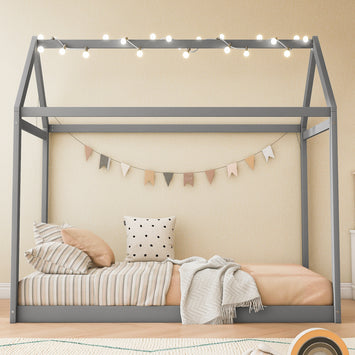 Twin Size Wooden House Bed, Gray