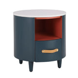 Contemporary & Modern Round Nightstand with Storage Drawer, Sofa End Table with Open Storage Shelf, Bedside Table with Curved Design for Living Room & Bedroom, Easy Assembly, Blue
