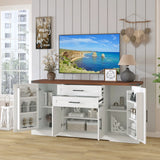 63" Farmhouse Barn Door Storage Cabinet with 2 Drawers & Door Rack, Large Buffet Table Coffee Bar Cabinets with Adjustable Shelves for Kitchen, Living Room, Entryway, Dining Room, White