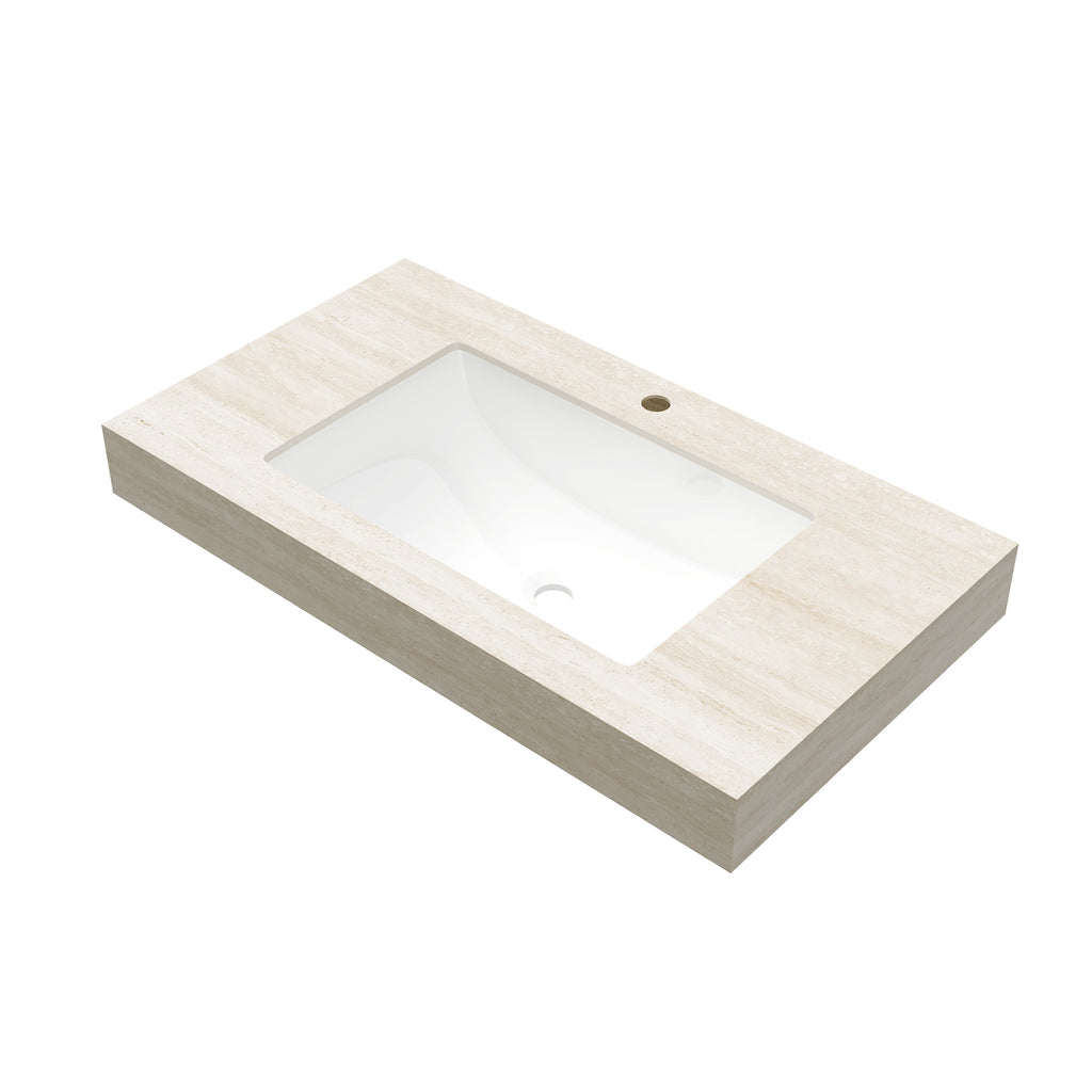 36" MURI Roma Travertine-Pattern Sintered Stone Countertop and Undermount Ceramic Basin with One Standard Pre-drilled Faucet Hole, NO Cabinet, NO Faucet and Sink Cover