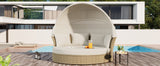 Outdoor Patio Daybed Wicker Rattan Double Daybed Round Sofa Furniture Set with Retractable Canopy, 4 Pillows for Lawn Garden Backyard Porch Pool, Beige