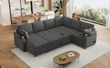 109.9" Sectional Sofa Versatile Sofa Bed Sofa Sleeper U-shaped Sofa with Ample Storage Space, Two Cup Holders and Charging Ports for Living Room, Beige,Grey