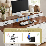 59" Farmhouse Office Desk With  Charging Station & Storage Cabinet, Barn Door Design Home Office Study Desk with File Drawer, Monitor Stand and Keyboard Tray for Office, Study, Living Room, White