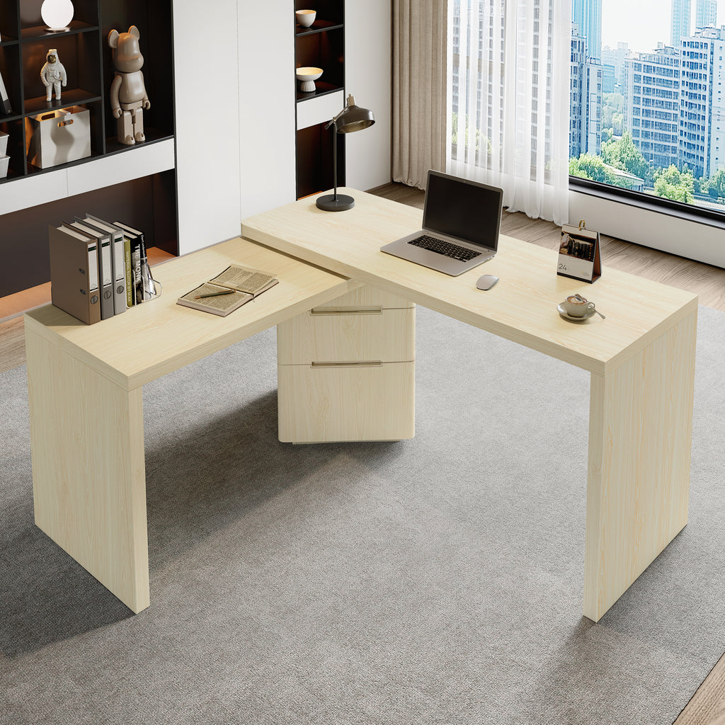 90" Modern L Shaped Desk in Natural Wood with 3 Drawers,360° Wood Rotating Desk,Executive Office Desk,Corner Desk,Office Study Workstation,for Home Office or Living Room