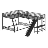 L-Shaped Twin over Full Bunk Bed with Twin Size Loft Bed,Built-in Desk and Slide,Black