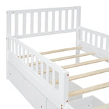 Twin Size Wood Platform Bed with Guardrails on Both Sides and Two Storage Drawers ,White