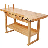60" Professional Rubberwood Solid Wood Workbench-2 Drawers, Open Shelf, Natural Finish for Garage, Woodworking Carpenter Workshop & Home Use