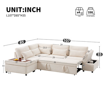 [VIDEO]107'' Sectional Sleeper Sofa Bed with Pull Out Couch, L-shaped with Adjustable Armrest, USB&Type-C Charging, Free Movement Storage Ottoman, Free Combination for Living Room&Apartment, Chenille