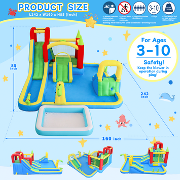 11 in1 Inflatable Slide Water Park Dry and Wet Slides Large Pool Water Gun Trampoline Climbing Wall Basketball Hoop and Ring Toss Game Outdoor Indoor Backyard Party Bounce Castle for Kids
