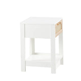 15.75" Rattan End table with  drawer, Modern nightstand, side table for living room, bedroom,white