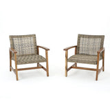 Outdoor Acacia Wood Wicker Club Chairs with Acacia Wood Frame, 2-Pcs Set
