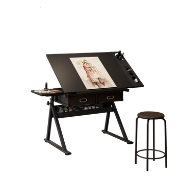 adjustable drawing drafting table desk with 2 drawers for home office and school with stool(black)