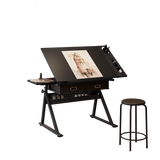adjustable drawing drafting table desk with 2 drawers for home office and school with stool(black)
