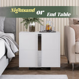 Modern End Table with Drawers, Elegant Nightstand with Metal Foot,Wood Bedside Table with Mirrored Metal Handles,Sofa Side End Table for Bedroom Living Room Office,White
